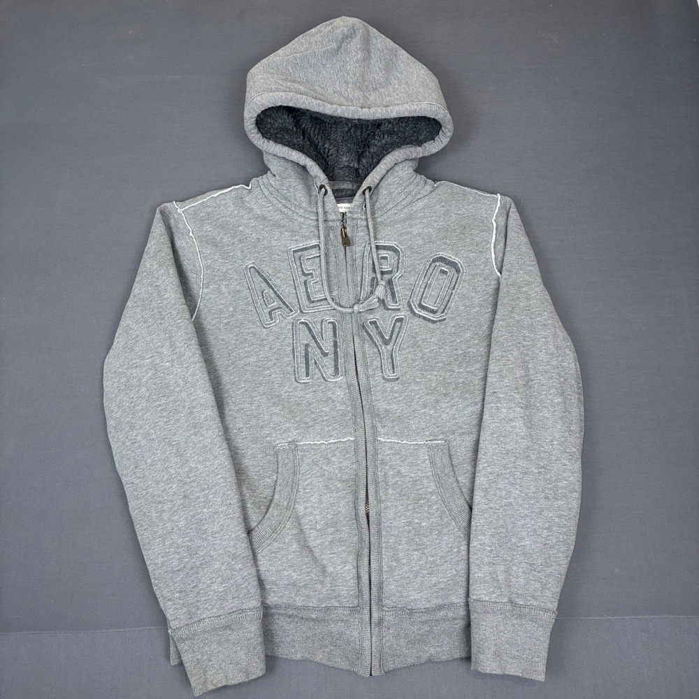 Y2K Aeropostale Sherpa Fur Lined Gray Full Zip Hoodie Men's Size Medium